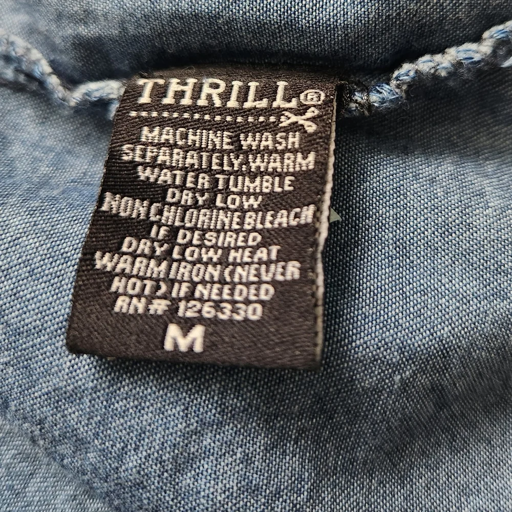 Thrill Jeans Sleeveless Denim Distressed Collared Top Shirt Blouse High Low Sz M - Picture 10 of 14